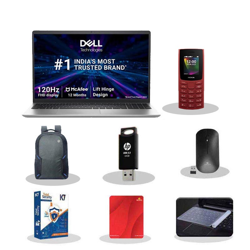 Picture of Dell Inspiron 3530 - 13th Gen Intel Core i5-1334U 15.6" (39.62cm) Thin & Light Laptop (16GB/ 512GB SSD/ Full HD Display/ Windows 11 Home/  MS Office 2021/ Intel UHD Graphics/ 1 Year Warranty/ Carbon Black/ 1.62 kg) with Nokia 106 Keypad Phone + Laptop Bag + K7 Antivirus + Wireless Mouse + Mouse Pad + Pendrive + Laptop Key Skin
